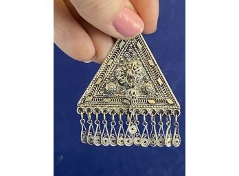 Sterling Silver Triangle Filigree Brooch Pendant, Made In Israel