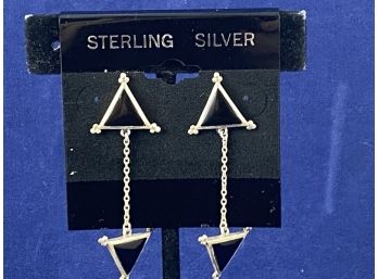 Sterling Silver Black Onyx Triangle Dangle Stud Earrings