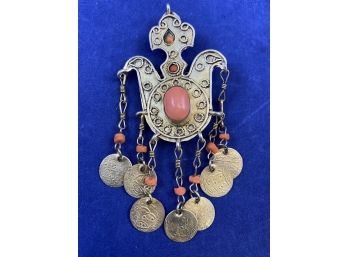 Beautiful Vintage Gold Tone Judaica Pin Pendant With Coral Accents