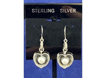 Sterling Silver Heart Earrings With Pearl, Made In Isreal