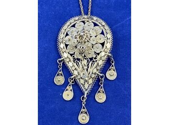 Vermili Sterling Silver Filigree Brooch Pendant With Chain, Made In Israel