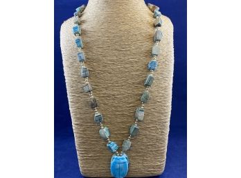 Hand Carved Scarab Necklace On Some Sort Of Stone And Painted Blue
