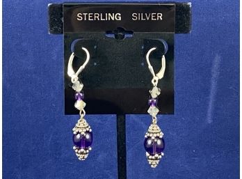Sterling Silver And Amethyst? Earrings With Swarovski Crystals
