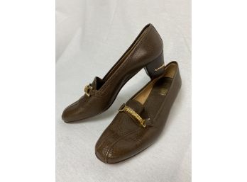 Gucci Brown Leather/Gold Braid Heel Loafers Size 40.5