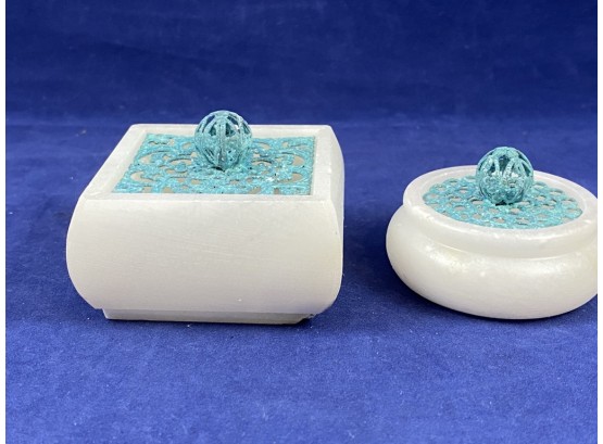 Pair Of Charming Atrid Alibaster And Copper Trincket Boxes