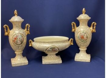 Empire England Hand Painted Set Of 3 Porcelain Pedestals Containers