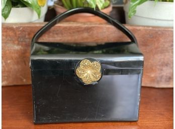 Vintage Willard Shiny Black Lucite Purse With Classic Gold Floral Filigree Wilardy Clasp
