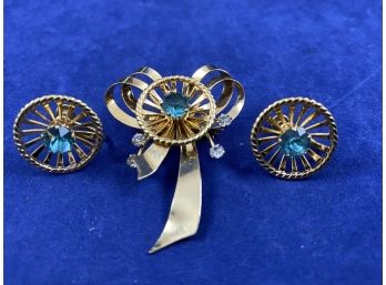 Vintage Blue Rhinestone Earrings And Matching Pin Brooch, Van Dell 12K GF
