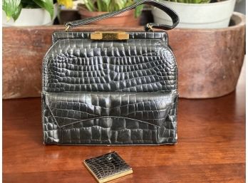 Vintage Lester Crocodile Bag With Matching Compact Mirror