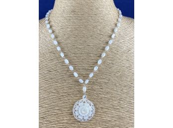 A Vintage Mother Of Pearl Necklace With Carved Pendant, 18'