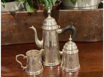 Charming French Etched Silver Plate Tea Pot With Cream And Sugar