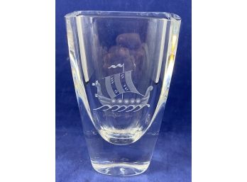 Vintage Orrefors Art Glass Swedish Crystal Thick Glass Vase With Etched Viking Ship, Signed