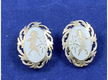 Vintage Sterling Silver And White Enamel Clip Siam Dancer Earrings