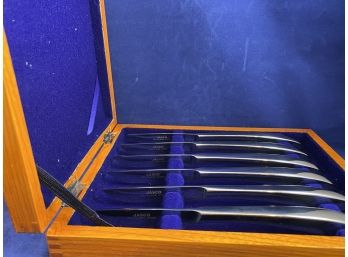Vintage Japan Sword Samurai Stainless Steel Steak Knives In Wooden Box