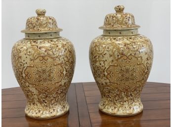 Pair Of  Large Harchow Urns With Lids, Off-white, Gold, Taupe