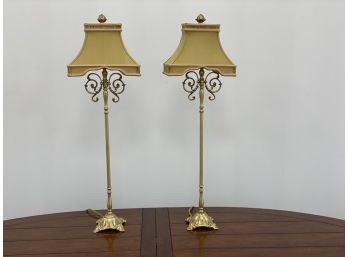 Pair Of Tall Brass Lamps With Beautiful Shades