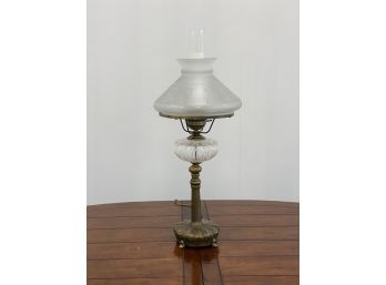 Antique Heavy Bronze Converted Oil Lamp With Glass Chimney And Etched Shade