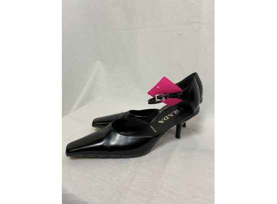 Prada Black Leather 2.5' Kitten Heel With Ankle Strap, Size 38