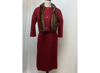 Branell Cranberry Vintage Suit With Fur Embellishment Size 12