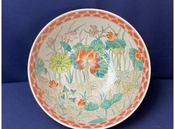 Stunning Vintage Asian Hand Painted Large Bowl Featuring Flowers, Butterflies And Horseflies