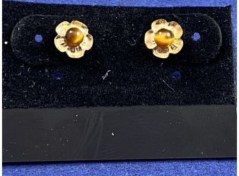 14k Yellow Gold And Tigers Eye Earrings, Petite