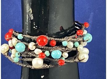 Woven Cuff Bracelet WithTurquoise, Coral And Natural Pearl Bracelet
