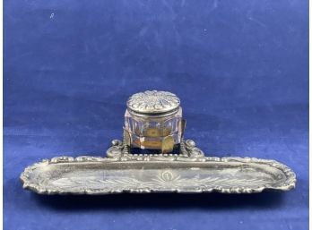 Pewter Ink Well Base With Glass Jar & With Sterling SIlver Lid