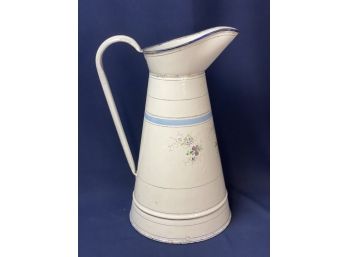 Large French Vintage Enamelware Bathroom Water Pitcher With Hand Painted Flowers