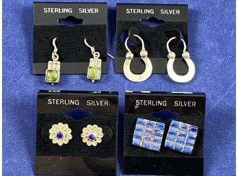 Four Pairs Of Sterling Silver Earrings With Semi-precious Stones