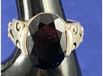 Sterling Silver Ring With Large Black Faceted Stone Spinel?, Size 7
