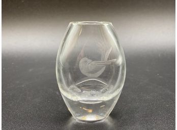 Swedish Crystal Bud Vase With Etched Sparow 4' - Very Sweet!