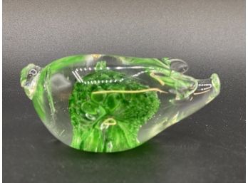 Clover The Adorable Glass Pig With Green Clovers Paperweight, Handmade