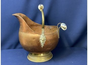 Antique Brass And Copper Lion Head Coal Fireplace Ash Scuttle Bucket
