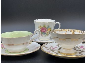 Beautifully Mismatched Trio Of Charming Floral And Gold Tea Cups