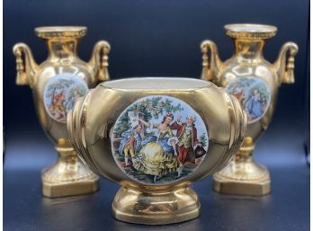 Vintage Hand Painted Gold Porcelain Pedestals Topless Urns And Vase, Set Of 3