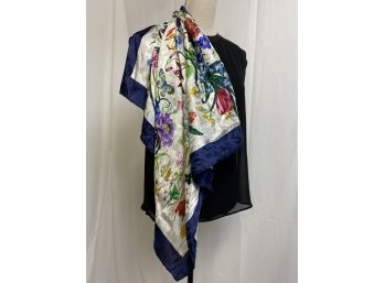 Multicolor Floral Silk Scarf With Navy Trim