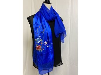 Royal Blue Silk Scarf With Floral Embroidery & Sheer Border