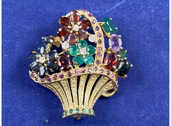Very Pretty Flower Basket, Gold Tone Pin Brooch With Beautiful Stone Flowers