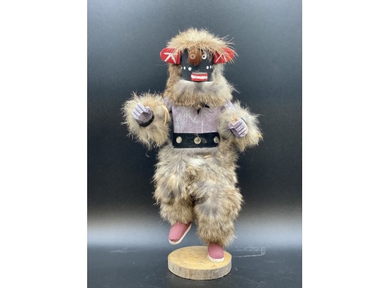 Kachina Doll Native American Hunter Wood Carving With Fur And Feathers, Removeable Mask, Signed