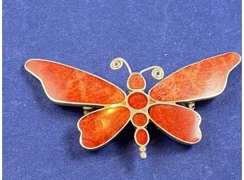 Sterling Silver Butterfly Pin Brooch With Coral Wings?