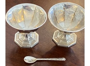 Two Sterling Silver Salt Cellars And Spoon