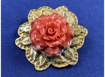 Sterling Silver With Coral Color Rose Pendant Pin Brooch, Signed