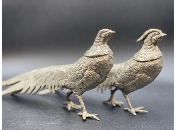 Two Vintage French Pheasants, Silver Metal Pheasant, Mantle Piece, Centerpiece, Bird Figurine Couple