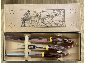 Staghorn Antler, Lion Brand, Sheffield, England, Carving Knife, Sharpener And Fork, New In Box