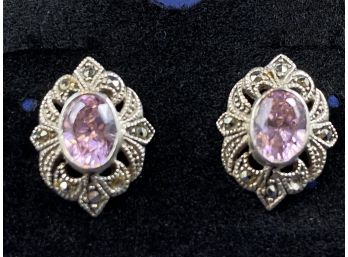 Sterling Silver, Marcasite And Pink Stone Earrings