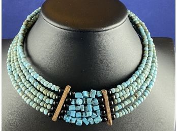 Turquoise Collar Necklace With Wood And Onyx Accents, Adjustable