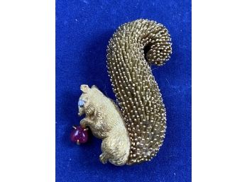 18K Yellow Gold, Diamond And Ruby Vintage Squirrel Brooch Pin, Signed