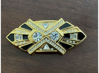 Vintage Jackie Collins Gold Tone Black Enamel Brooch Pin