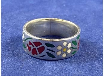 Sterling Silver Enamel Flower Ring, Size ?