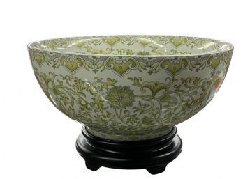 Stunning Asian Hand Painted Table Bowl With Stand, White Bowl With Green Flowers & Decor